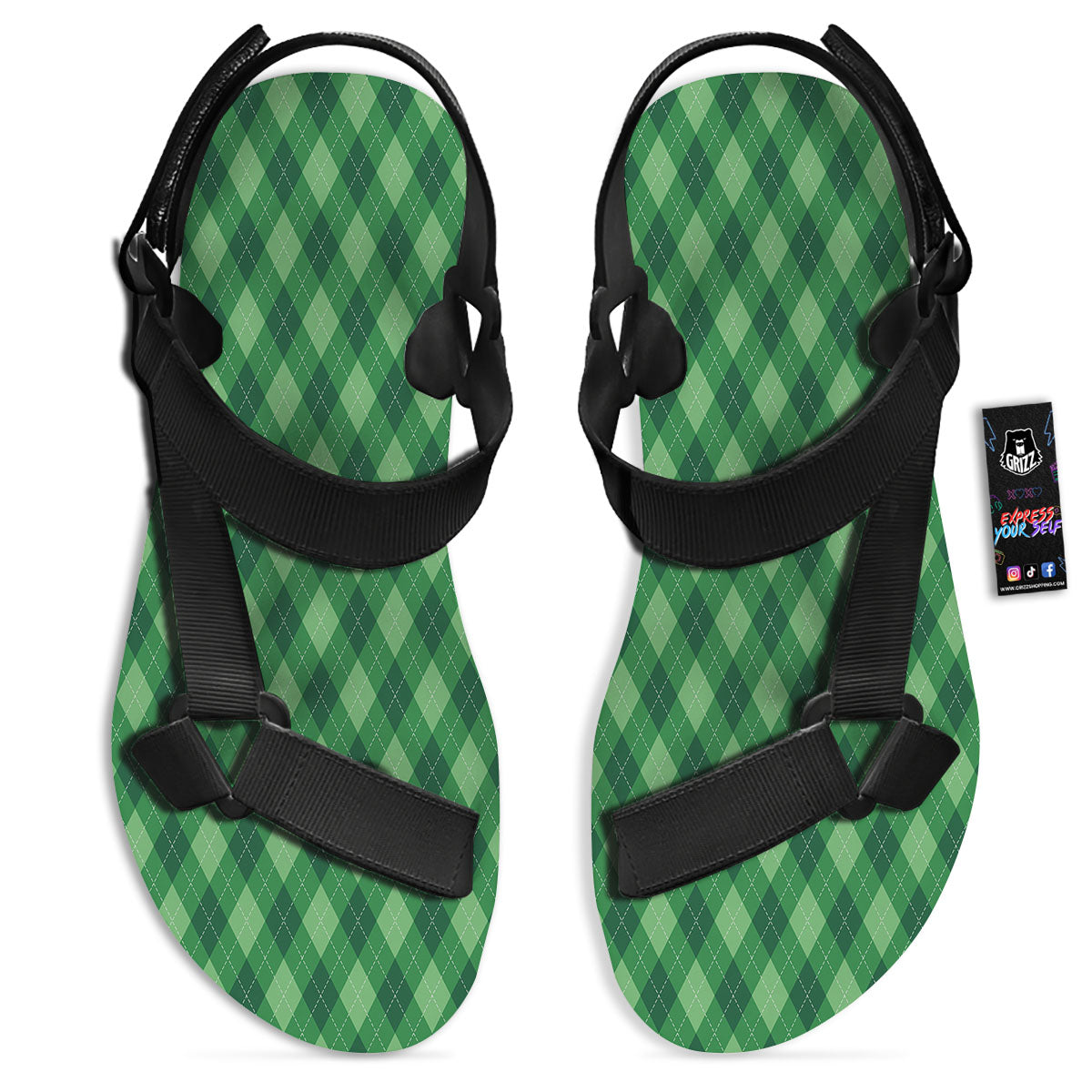 Argyle Forest Green Print Pattern Black Open Toe Sandals-grizzshop