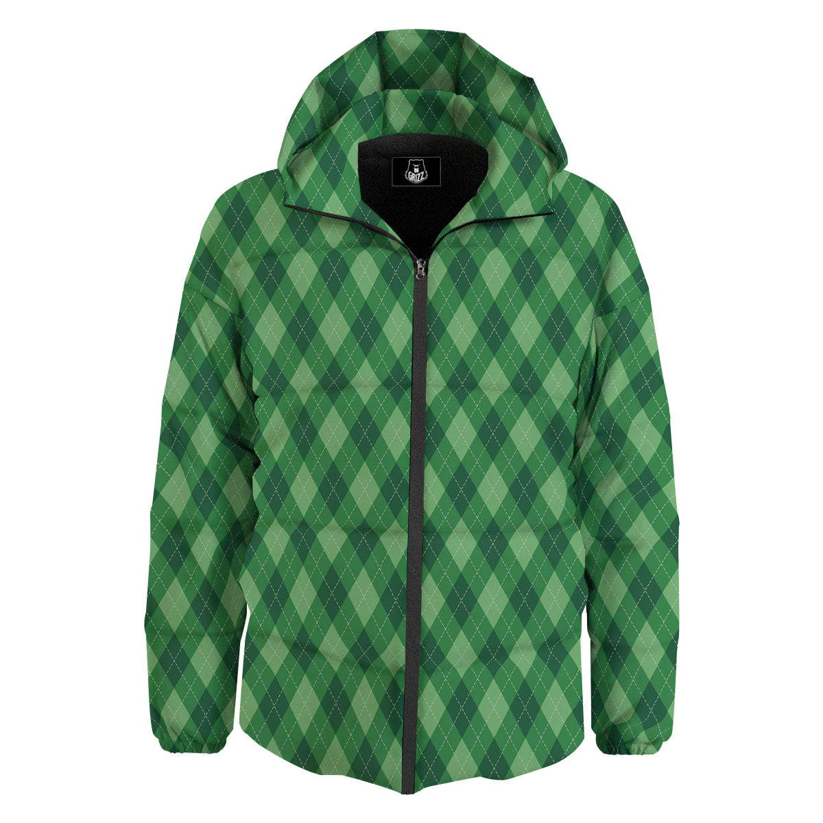 Argyle Forest Green Print Pattern Down Jacket-grizzshop