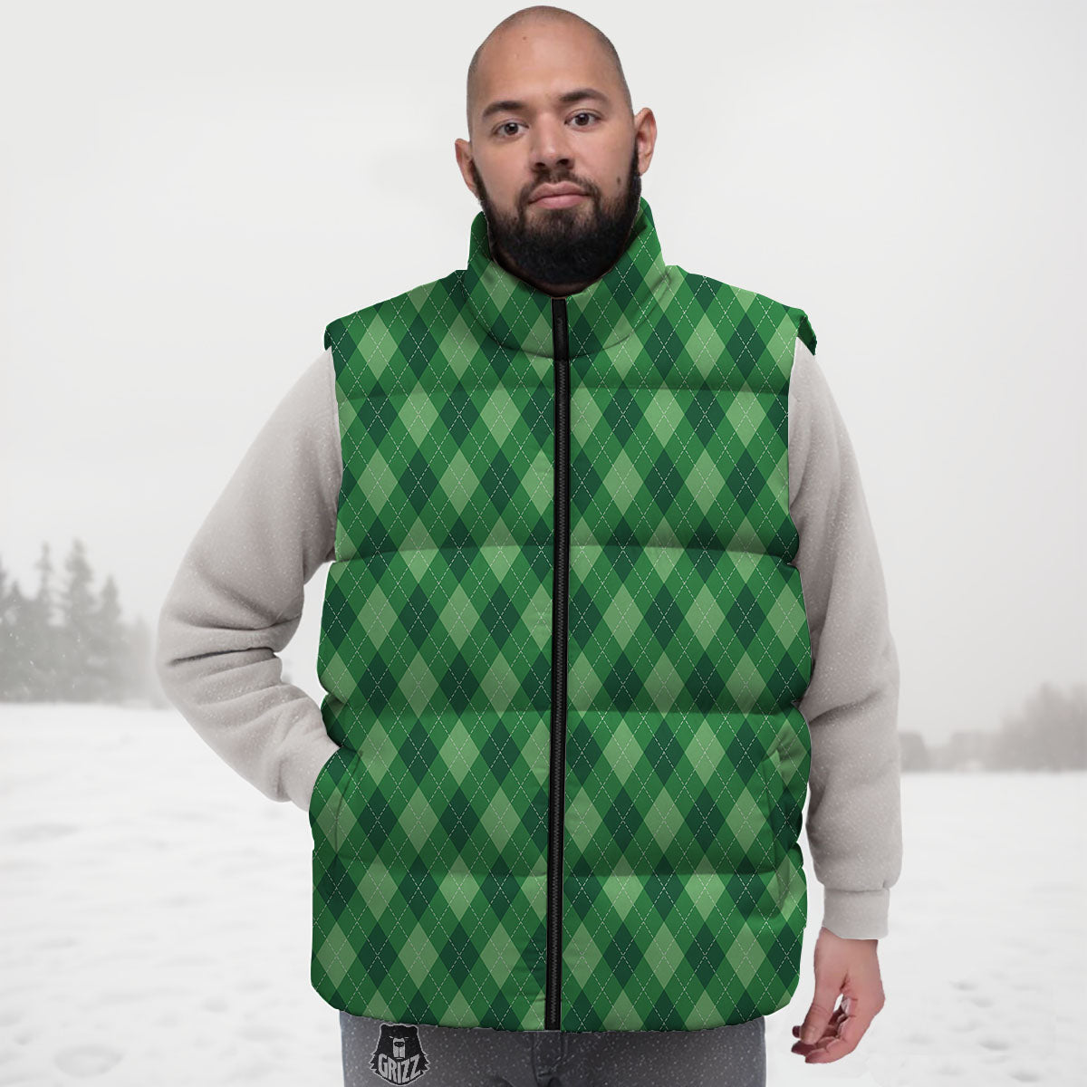 Argyle Forest Green Print Pattern Down Vest-grizzshop