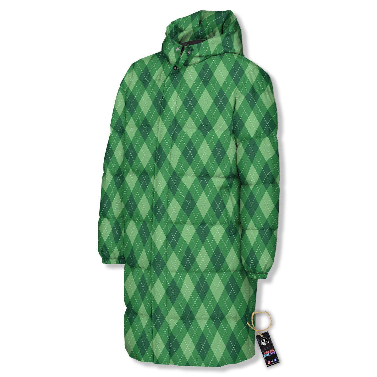 Argyle Forest Green Print Pattern Long Down Jacket-grizzshop