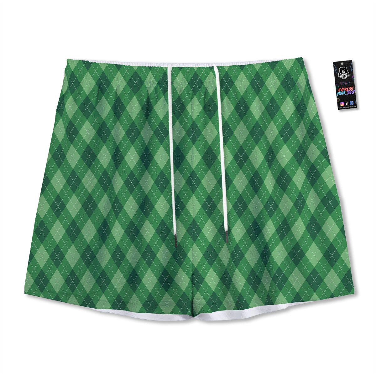 Argyle Forest Green Print Pattern Mesh Shorts-grizzshop