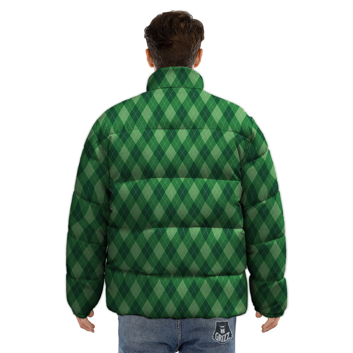 Argyle Forest Green Print Pattern Puffer Jacket-grizzshop