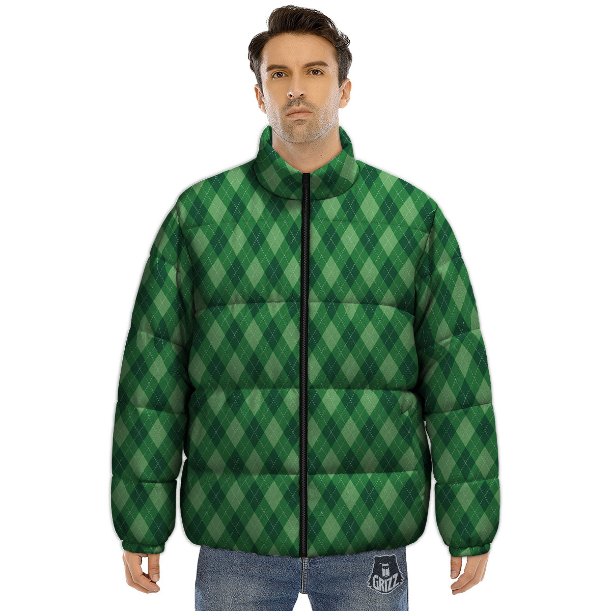 Argyle Forest Green Print Pattern Puffer Jacket-grizzshop
