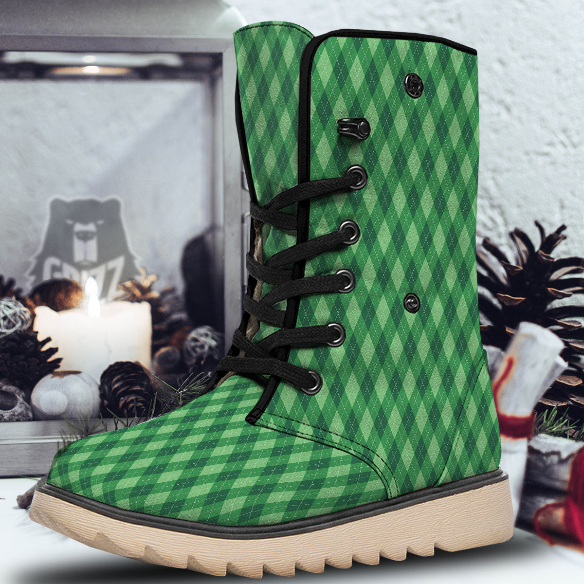 Argyle Forest Green Print Pattern Snow Boots-grizzshop