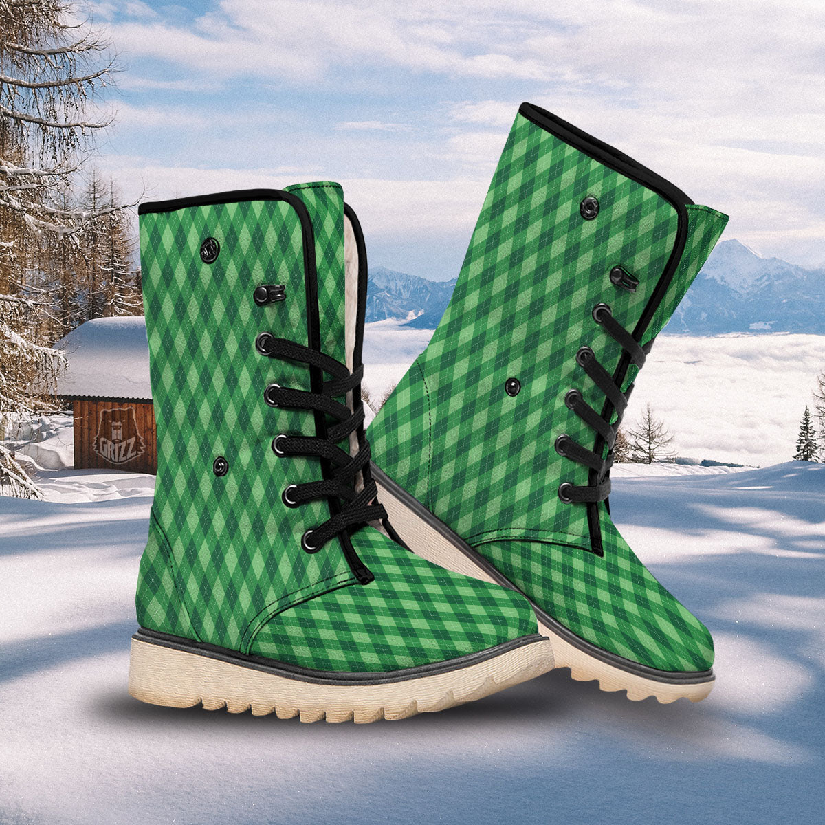 Argyle Forest Green Print Pattern Snow Boots-grizzshop