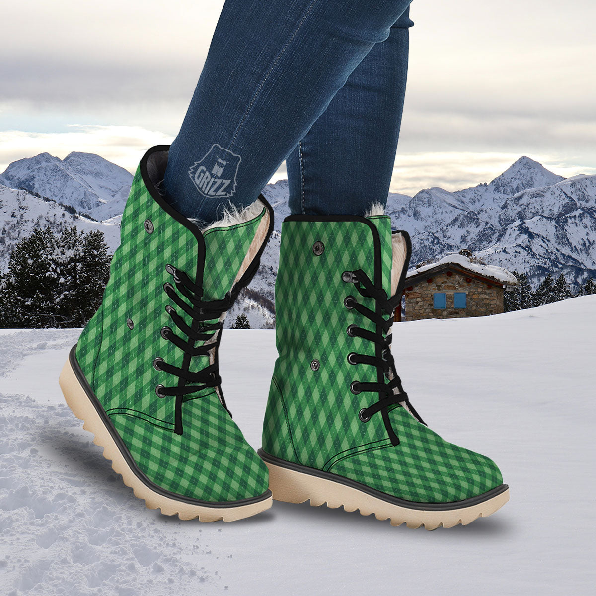 Argyle Forest Green Print Pattern Snow Boots-grizzshop