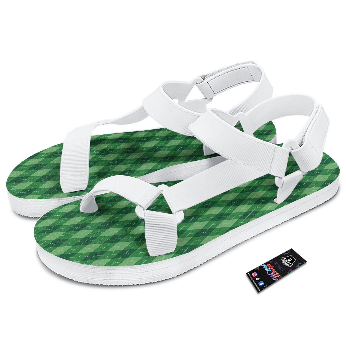 Argyle Forest Green Print Pattern White Open Toe Sandals-grizzshop