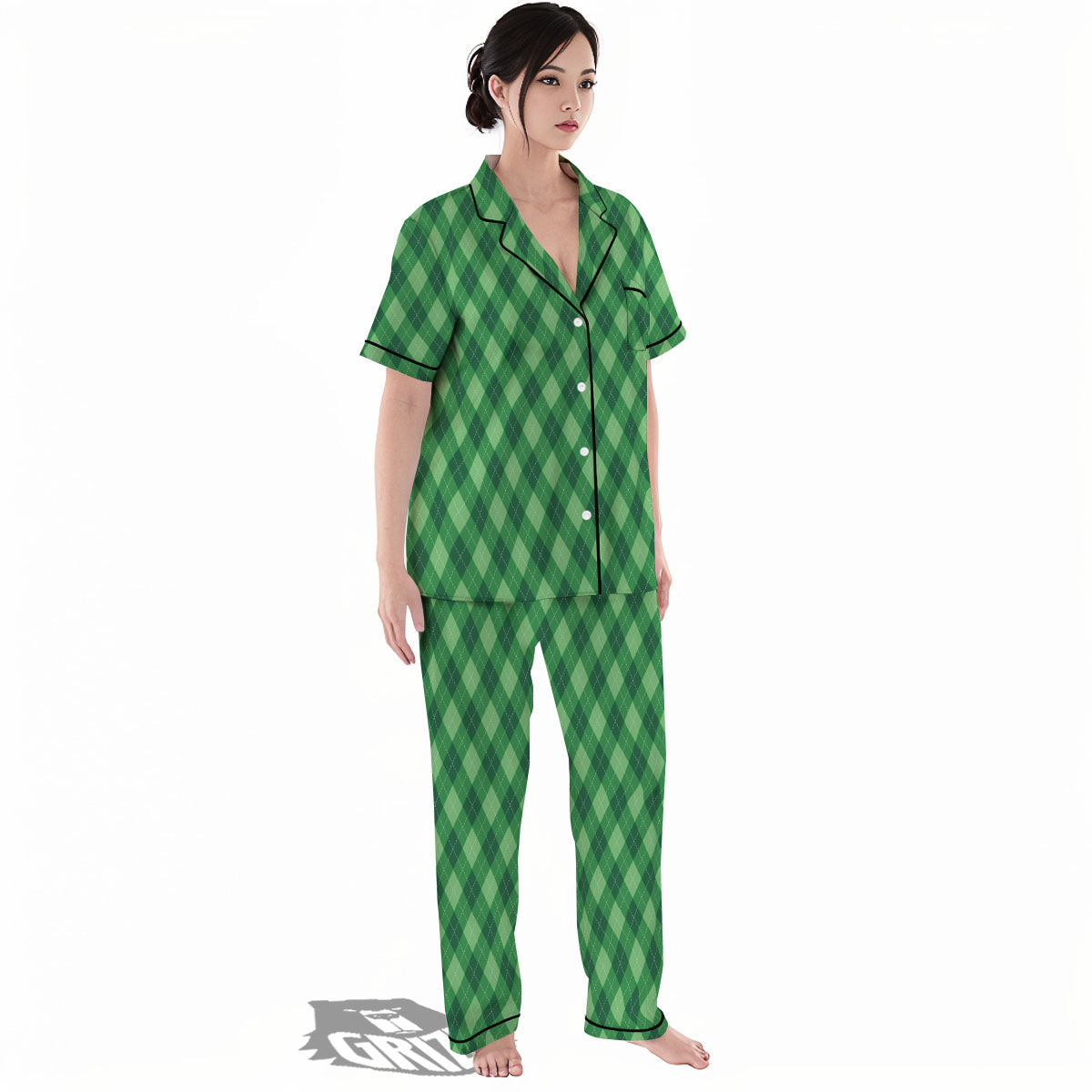 Argyle Forest Green Print Pattern Women's Pajamas Set-grizzshop