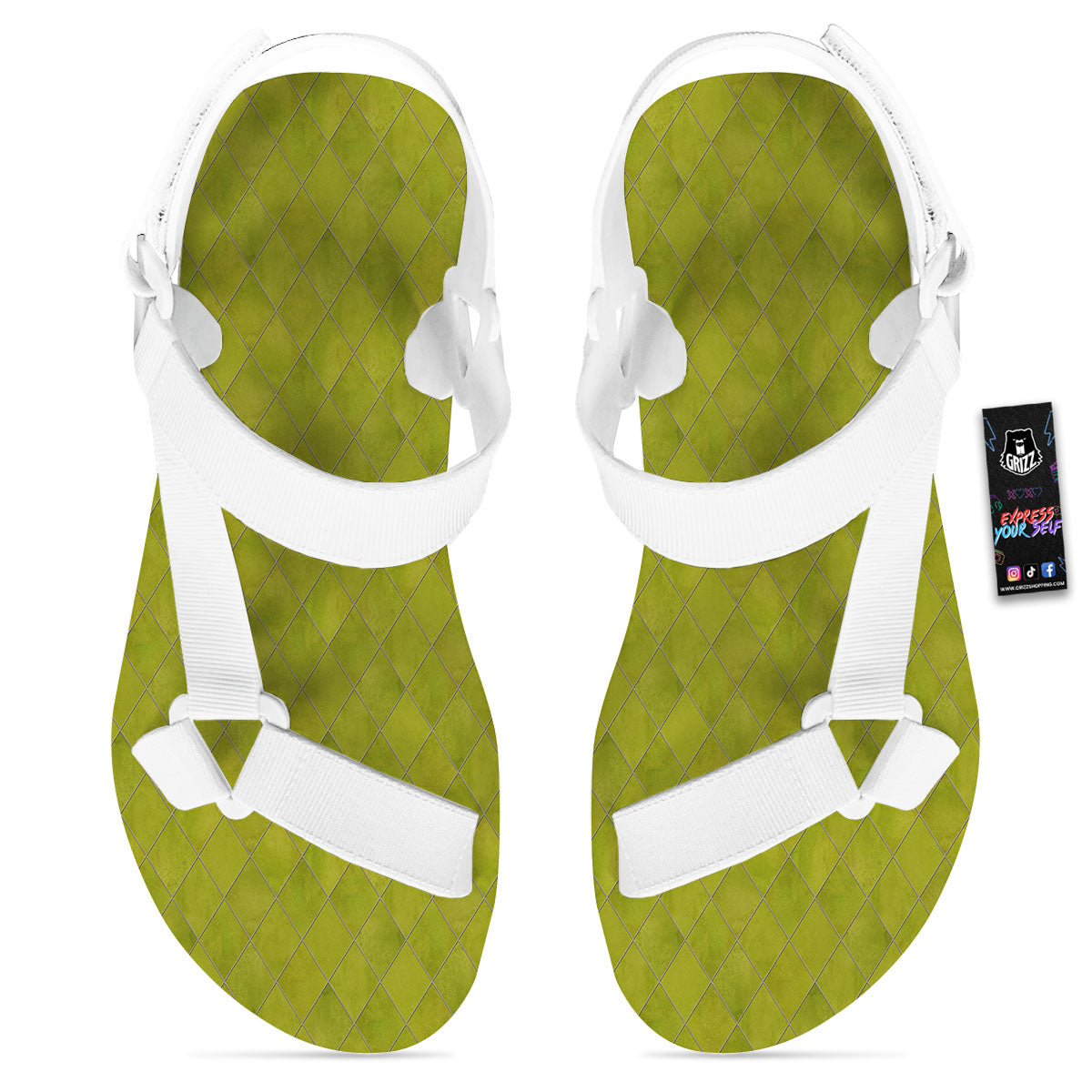 Argyle Grass Green Print Pattern White Open Toe Sandals-grizzshop