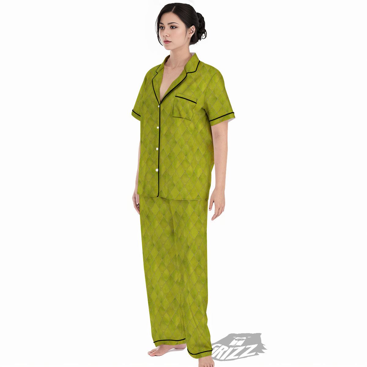 Argyle Grass Green Print Pattern Women's Pajamas Set-grizzshop