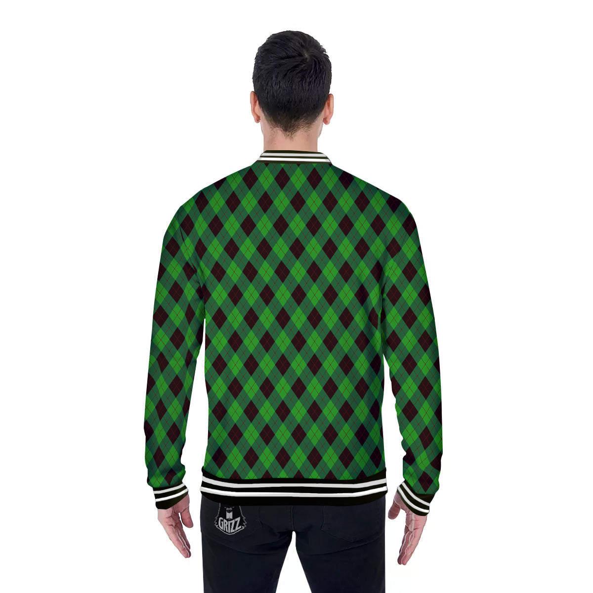 Argyle Green And Black Print Pattern Baseball Jacket-grizzshop