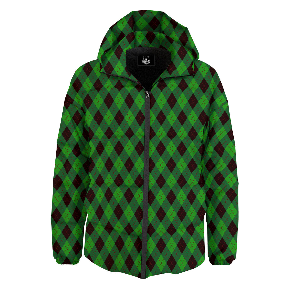 Argyle Green And Black Print Pattern Down Jacket-grizzshop