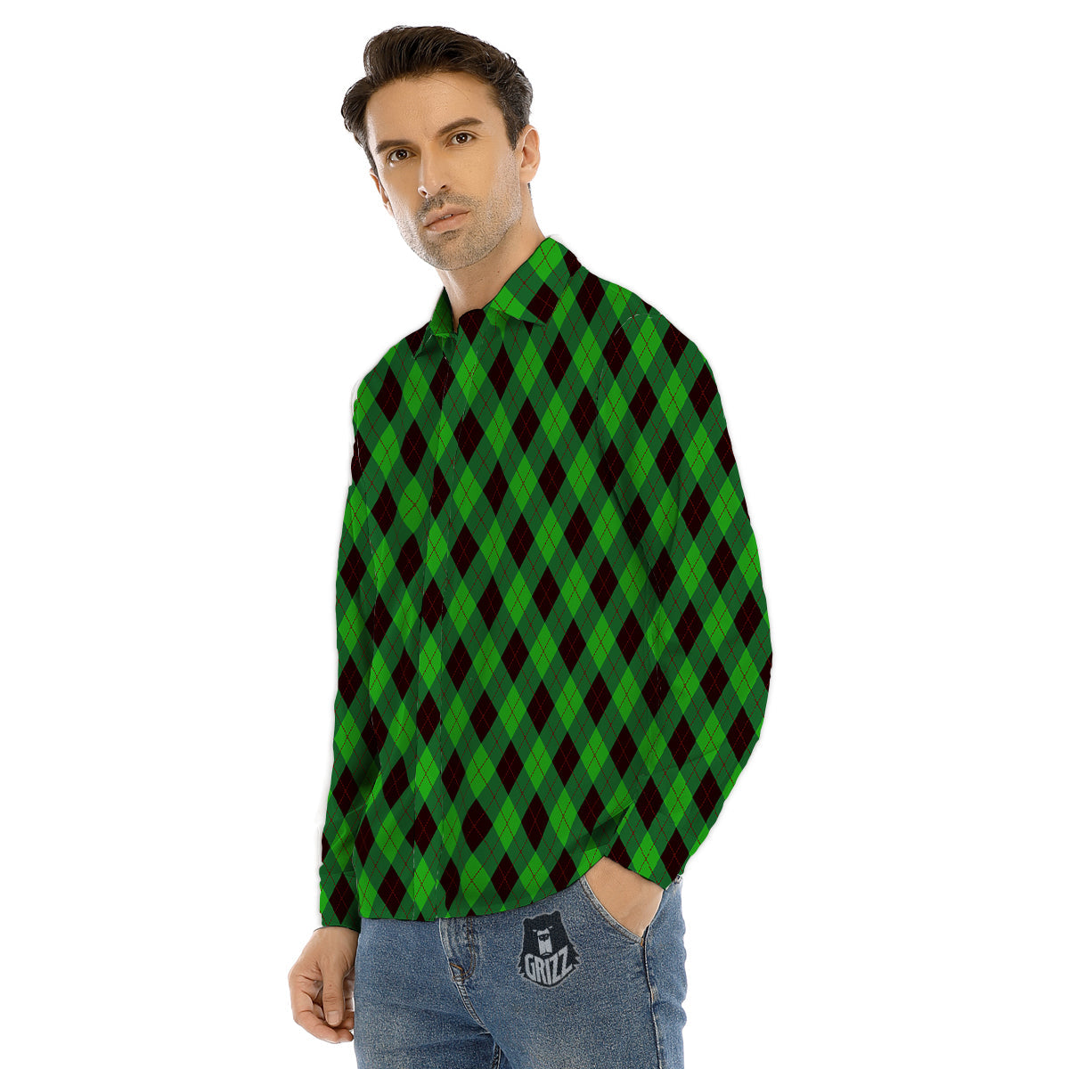 Argyle Green And Black Print Pattern Men's Dress Shirts-grizzshop