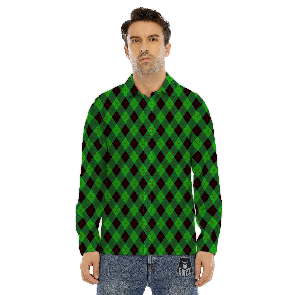 Argyle Green And Black Print Pattern Men's Dress Shirts-grizzshop