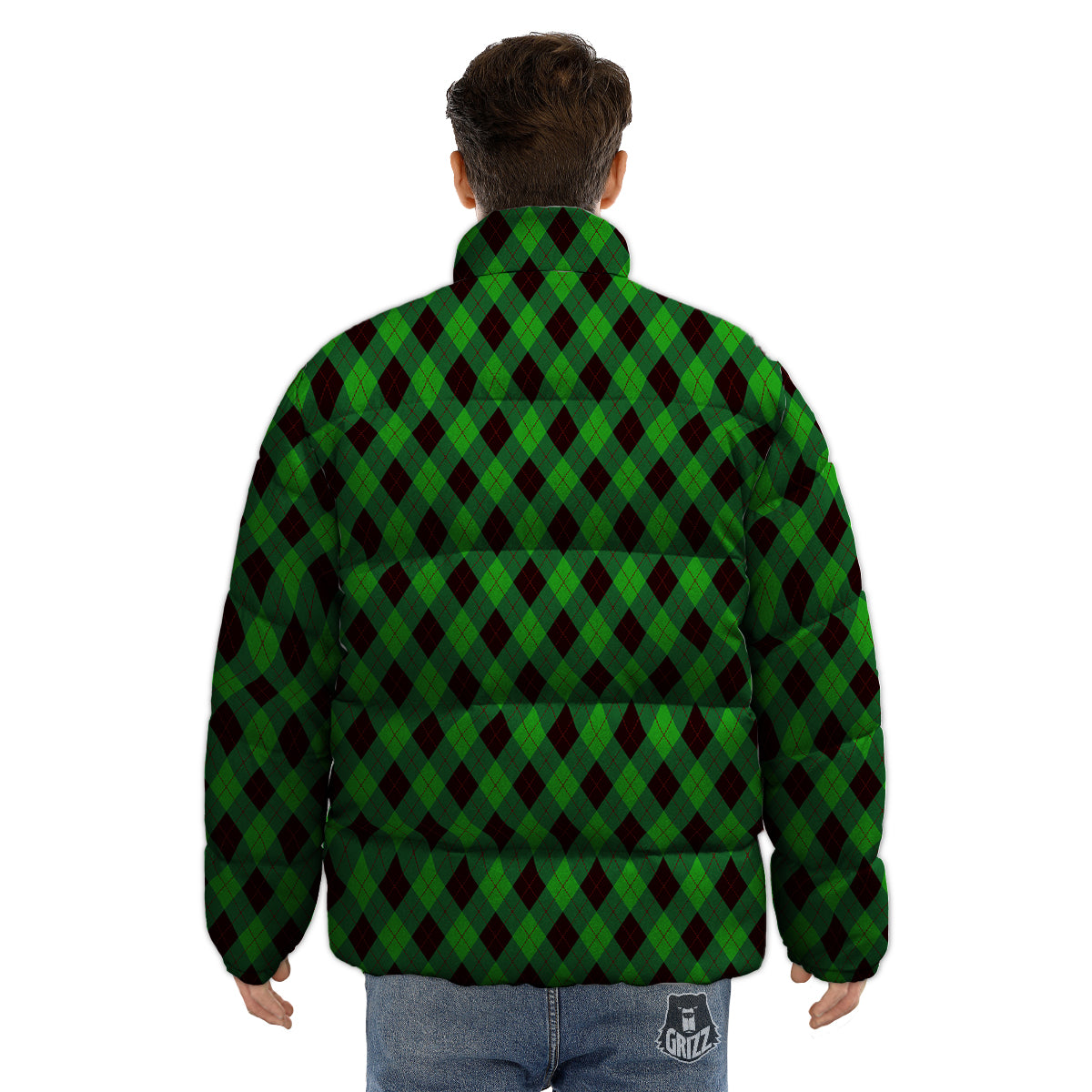 Argyle Green And Black Print Pattern Puffer Jacket-grizzshop