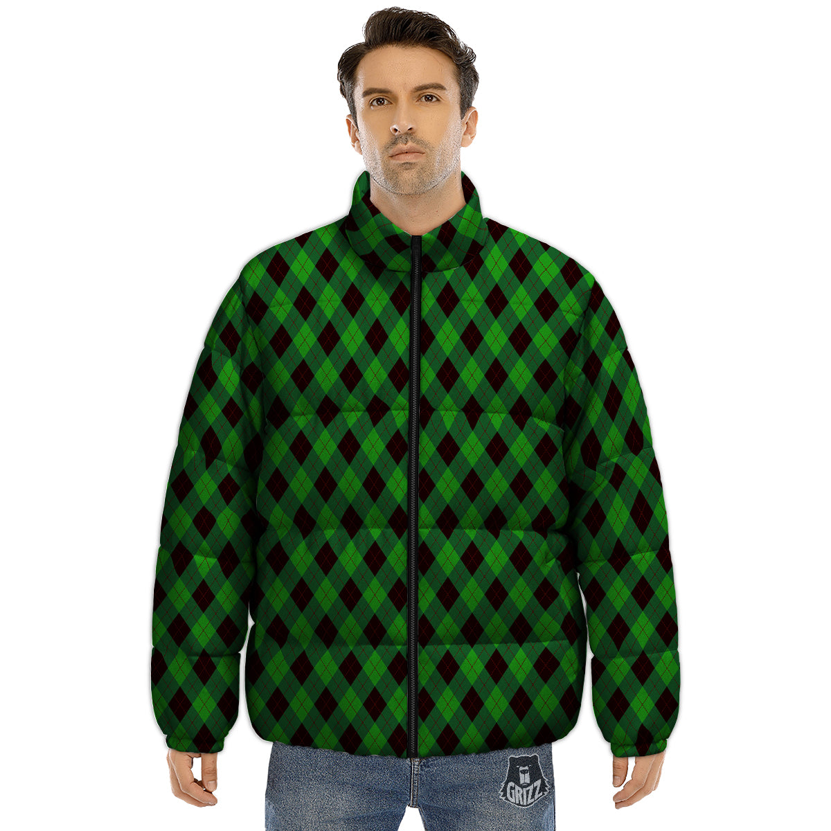 Argyle Green And Black Print Pattern Puffer Jacket-grizzshop