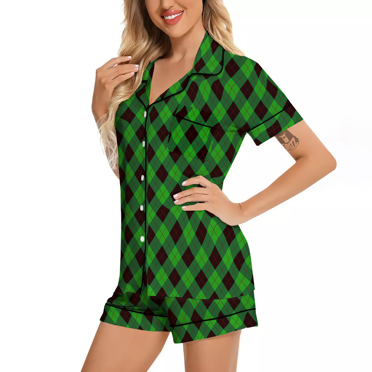 Argyle Green And Black Print Pattern Women Silk Pajamas-grizzshop
