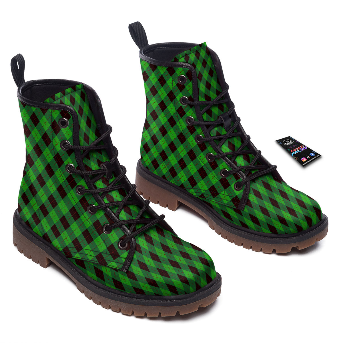 Argyle Green And Black Print Pattern Work Boots-grizzshop