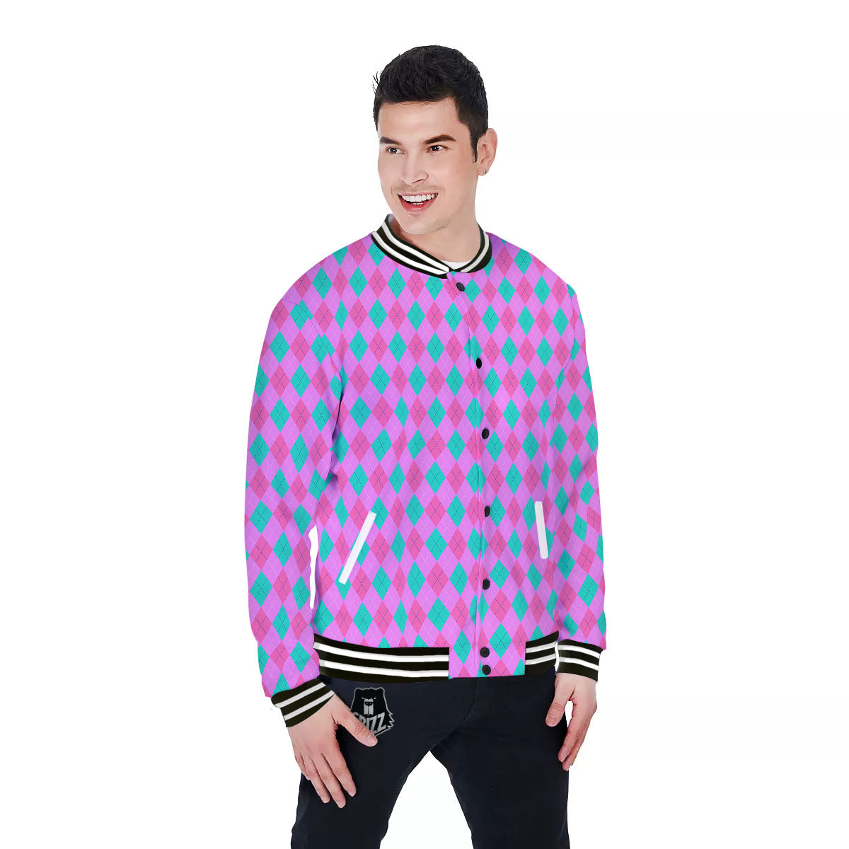 Argyle Green And Pink Print Pattern Baseball Jacket-grizzshop