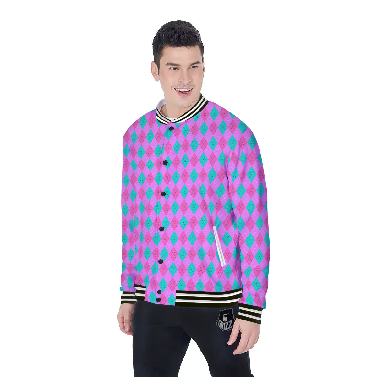 Argyle Green And Pink Print Pattern Baseball Jacket-grizzshop