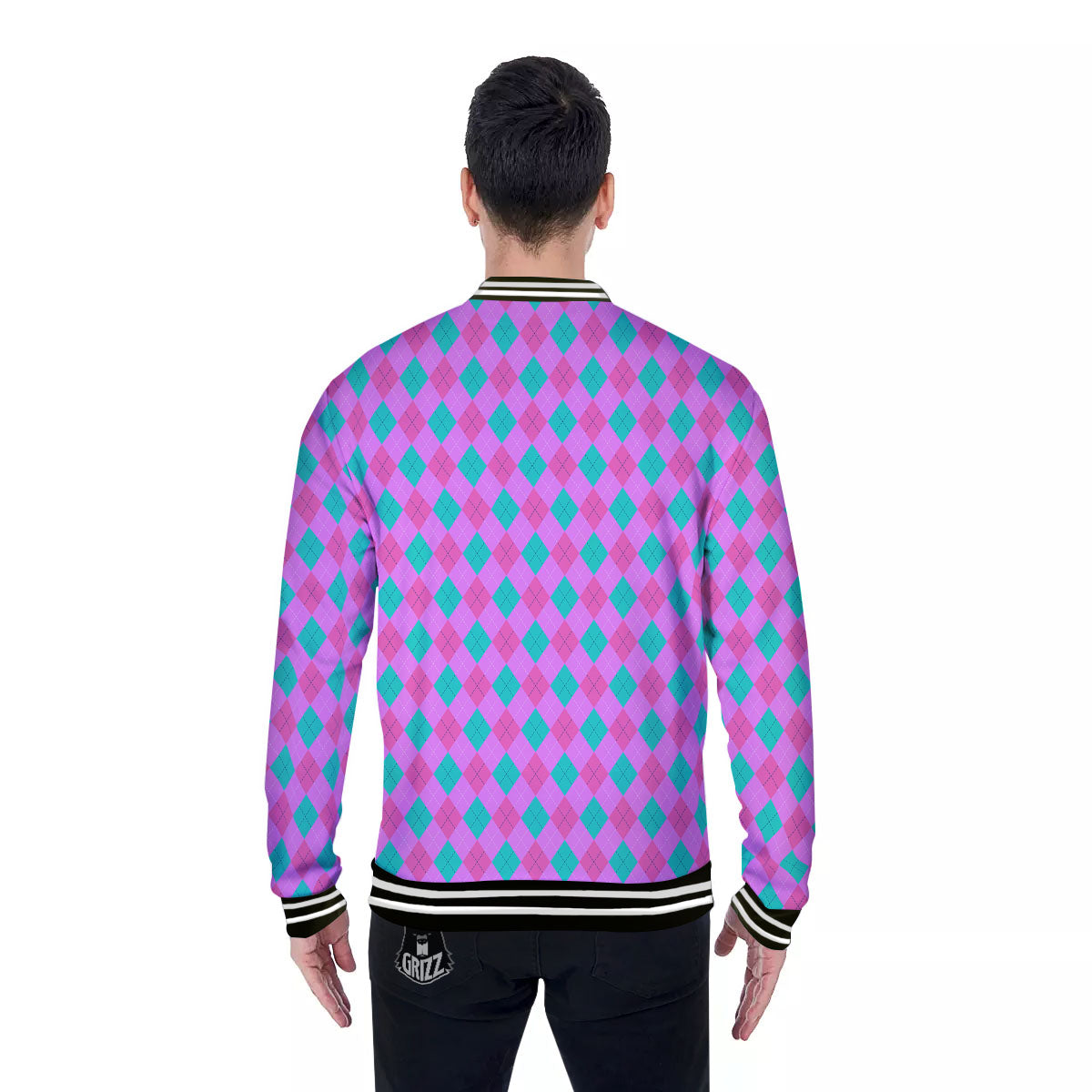 Argyle Green And Pink Print Pattern Baseball Jacket-grizzshop