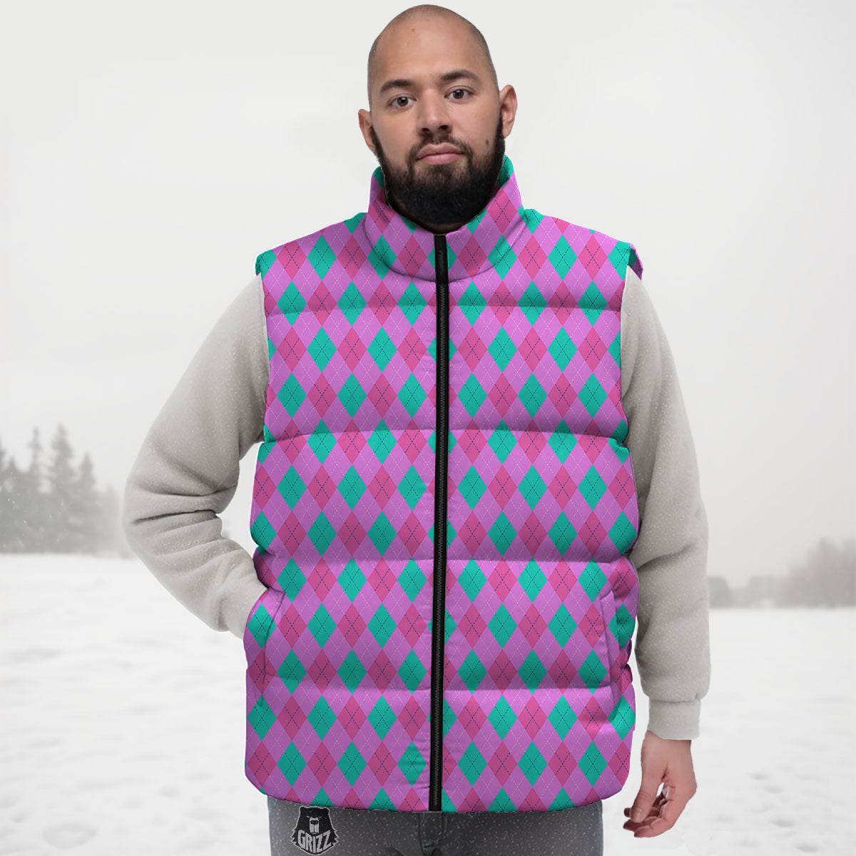 Argyle Green And Pink Print Pattern Down Vest-grizzshop
