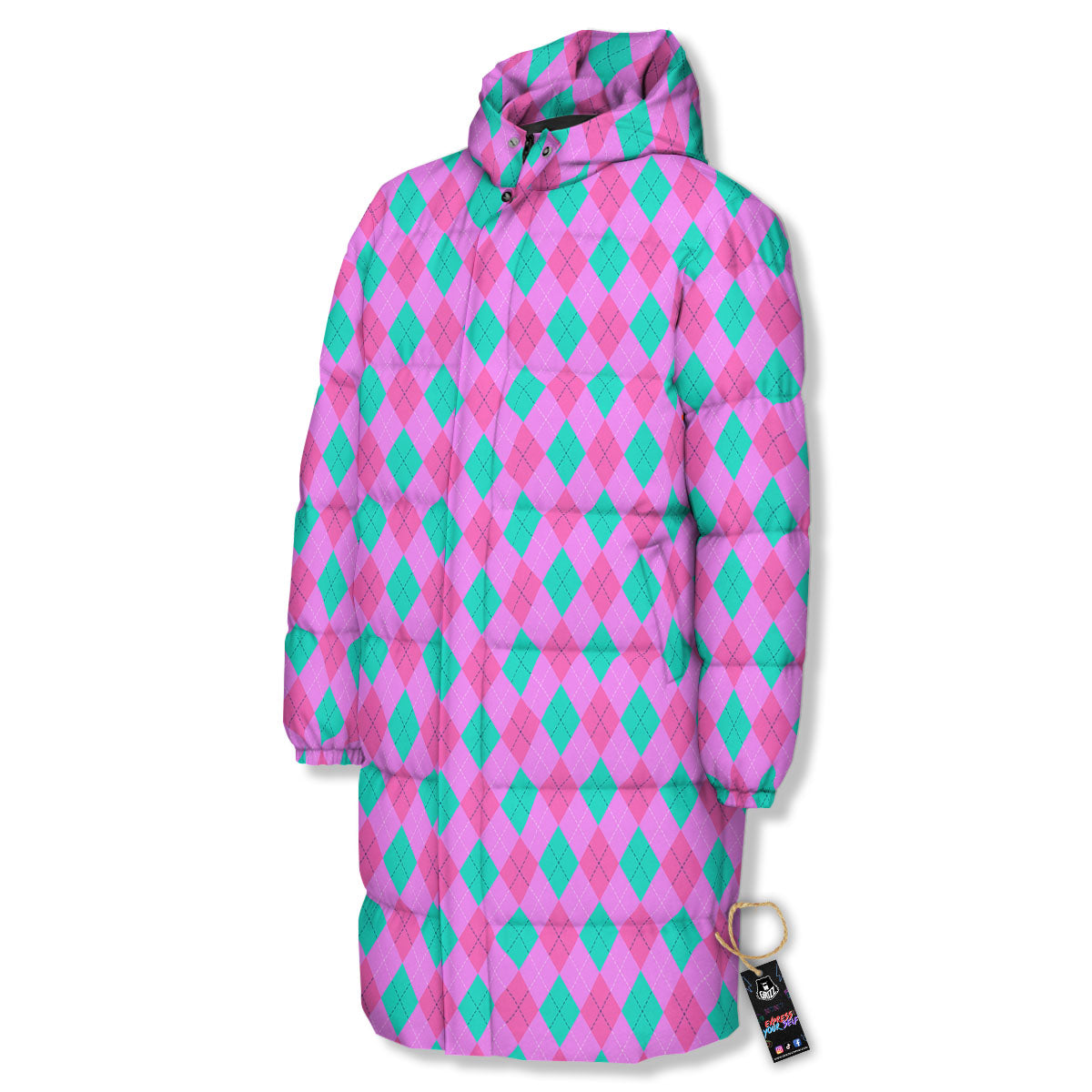 Argyle Green And Pink Print Pattern Long Down Jacket-grizzshop