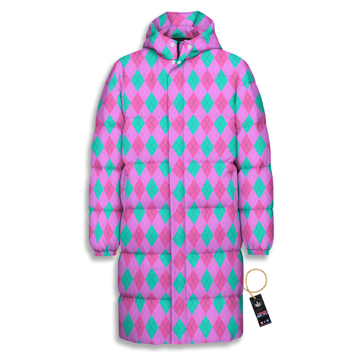 Argyle Green And Pink Print Pattern Long Down Jacket-grizzshop