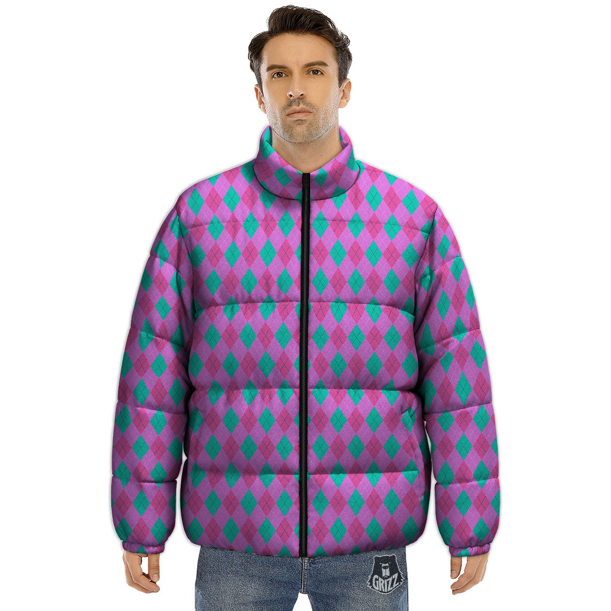 Argyle Green And Pink Print Pattern Puffer Jacket-grizzshop