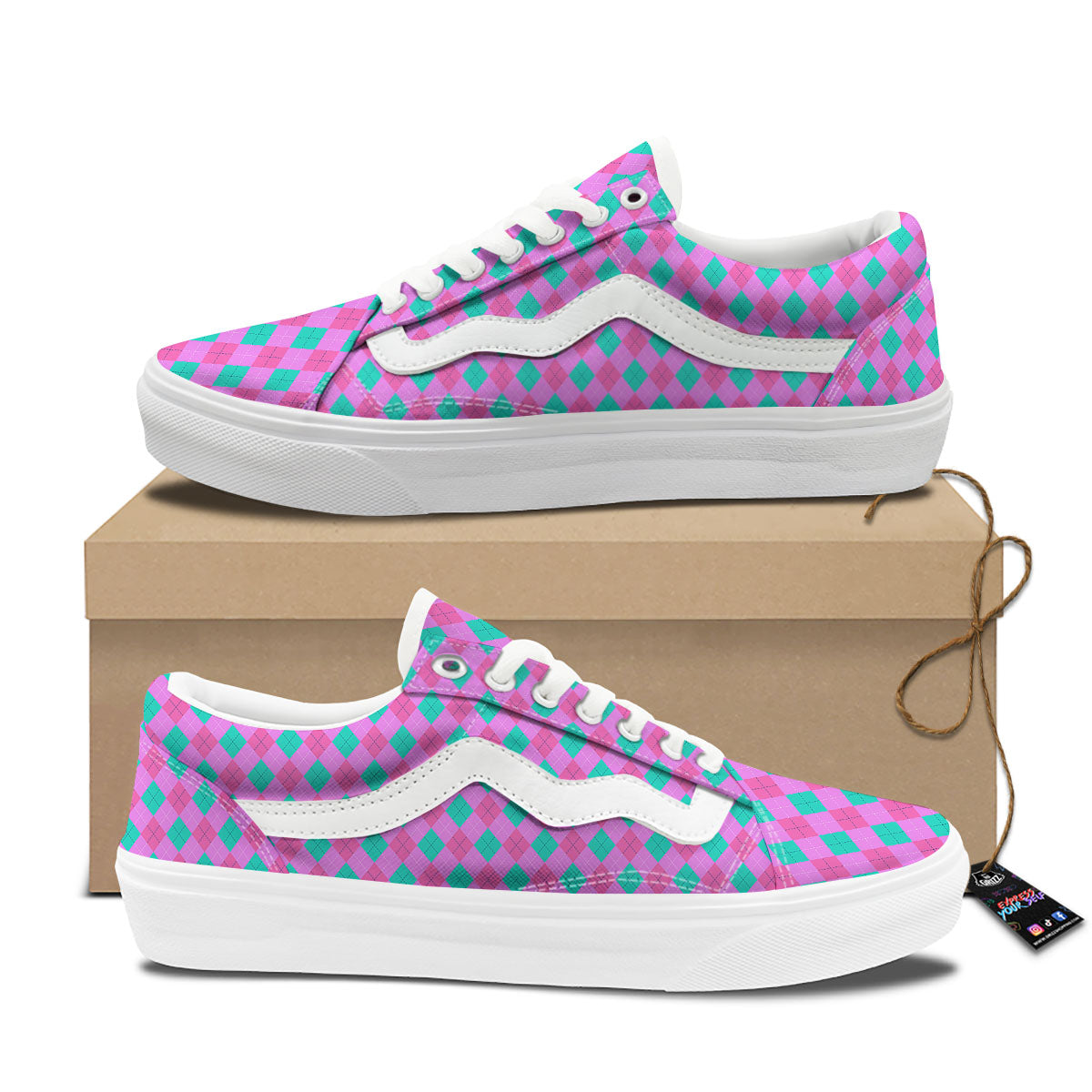 Argyle Green And Pink Print Pattern Skate Shoes-grizzshop