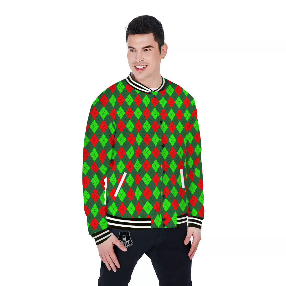 Argyle Green And Red Print Pattern Baseball Jacket-grizzshop