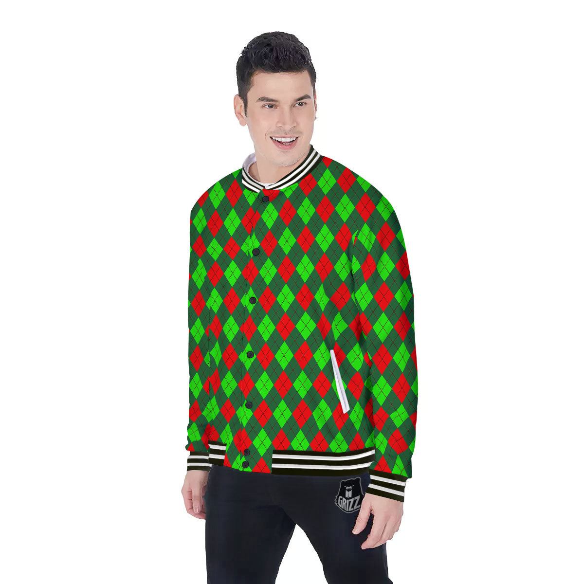Argyle Green And Red Print Pattern Baseball Jacket-grizzshop