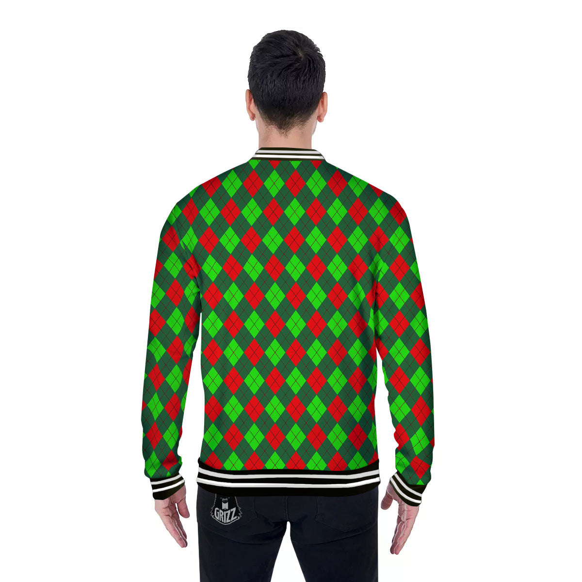 Argyle Green And Red Print Pattern Baseball Jacket-grizzshop