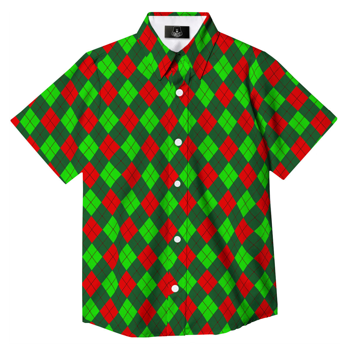 Argyle Green And Red Print Pattern Button Up Shirt-grizzshop