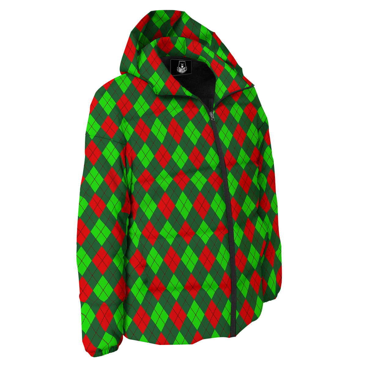 Argyle Green And Red Print Pattern Down Jacket-grizzshop