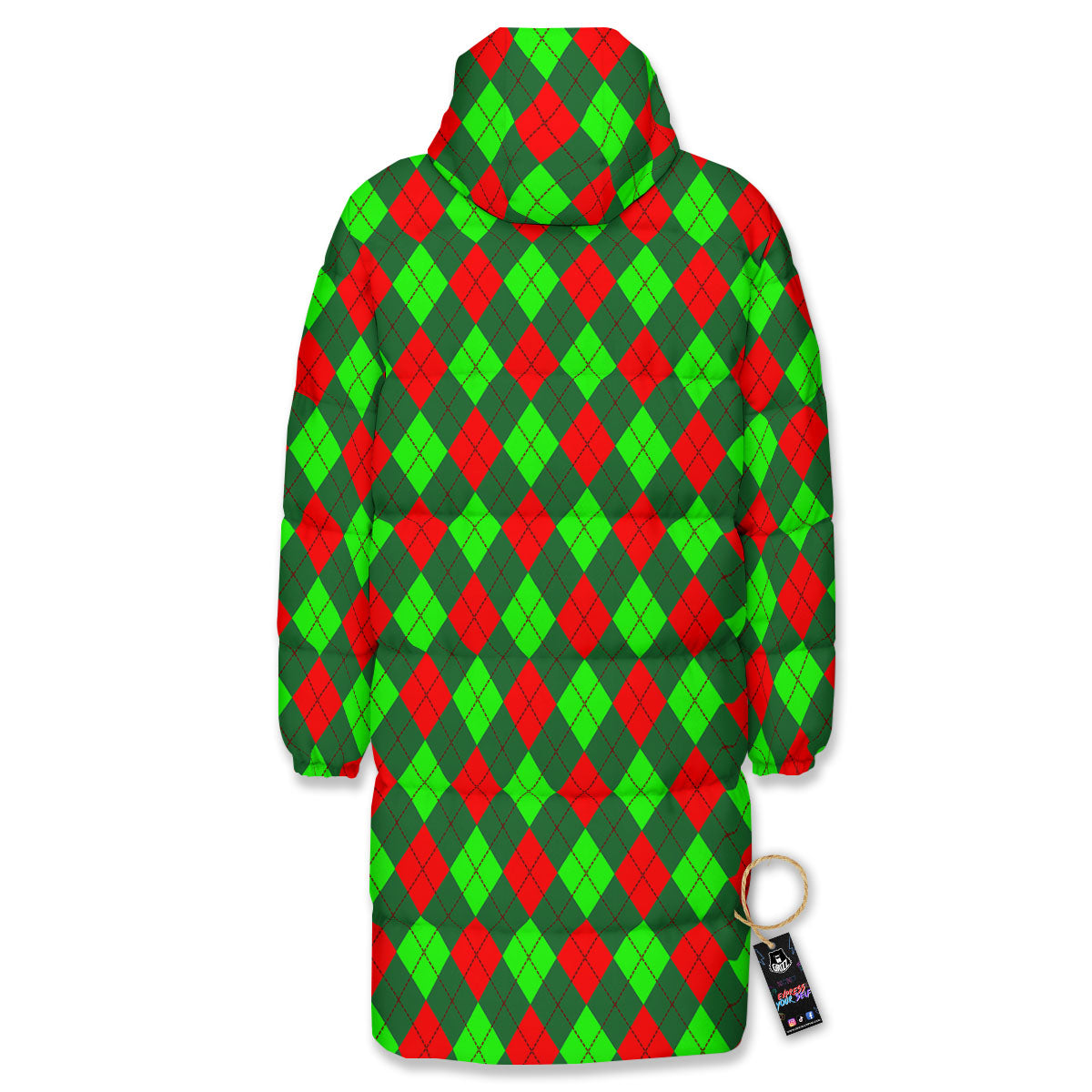 Argyle Green And Red Print Pattern Long Down Jacket-grizzshop
