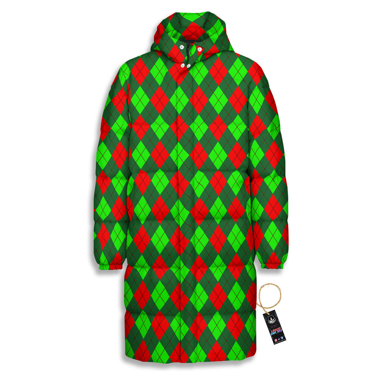Argyle Green And Red Print Pattern Long Down Jacket-grizzshop