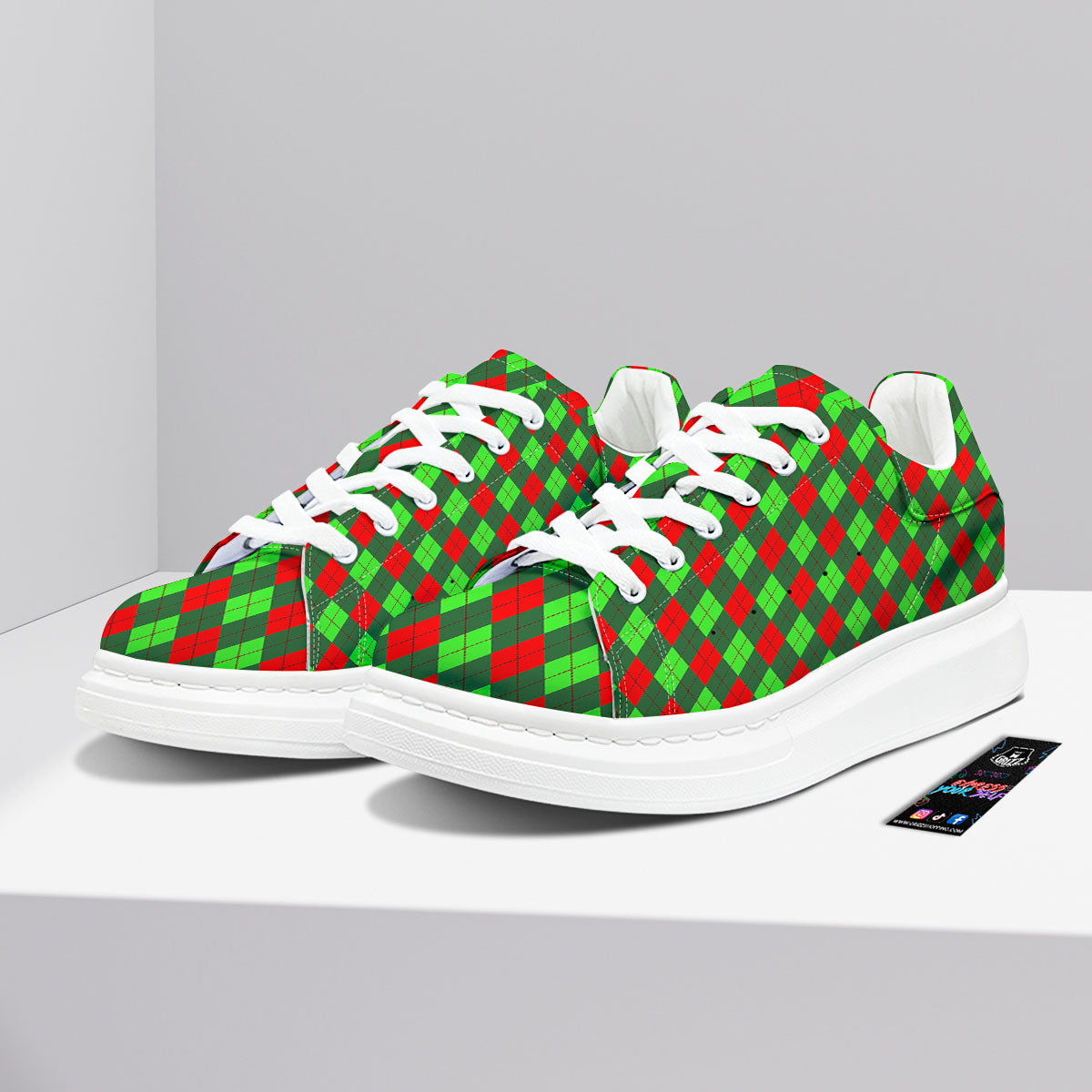 Argyle Green And Red Print Pattern Platform Shoes-grizzshop