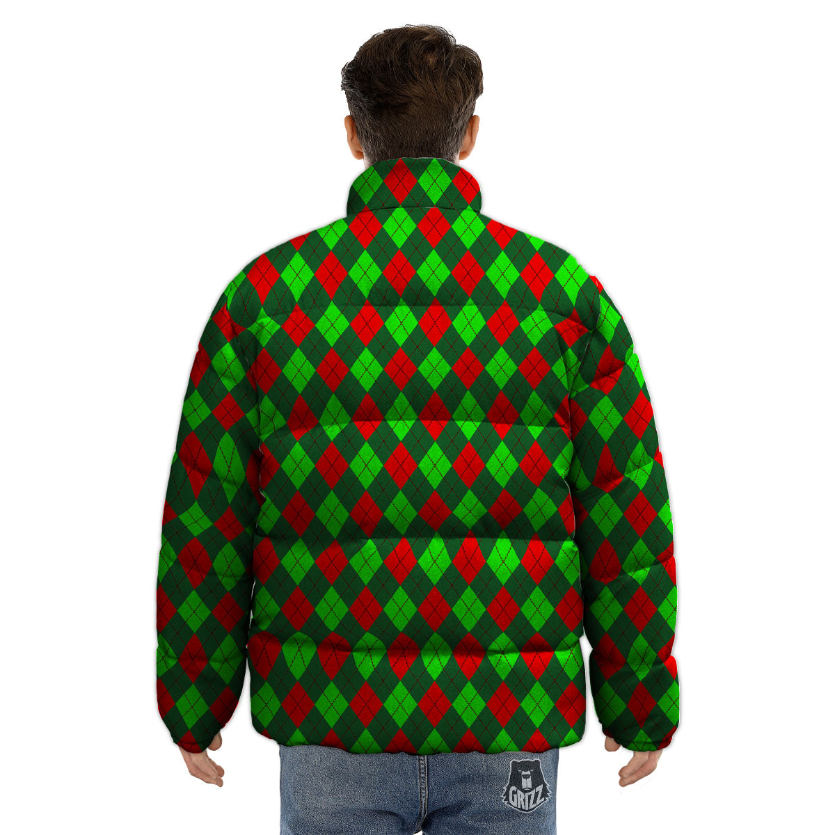 Argyle Green And Red Print Pattern Puffer Jacket-grizzshop