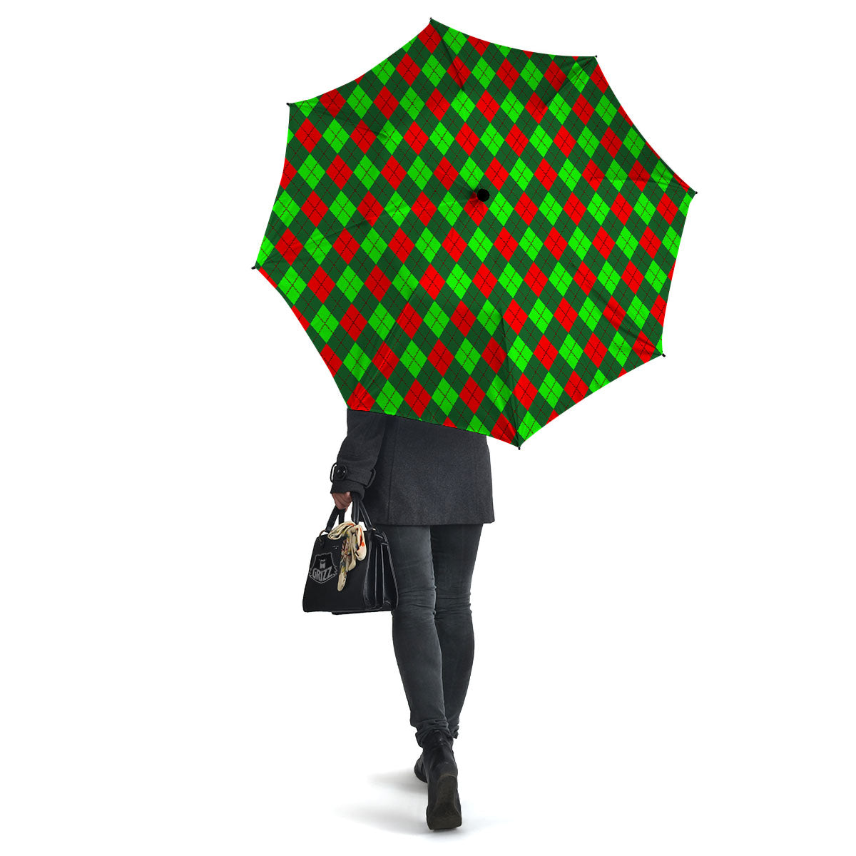 Argyle Green And Red Print Pattern Umbrella-grizzshop