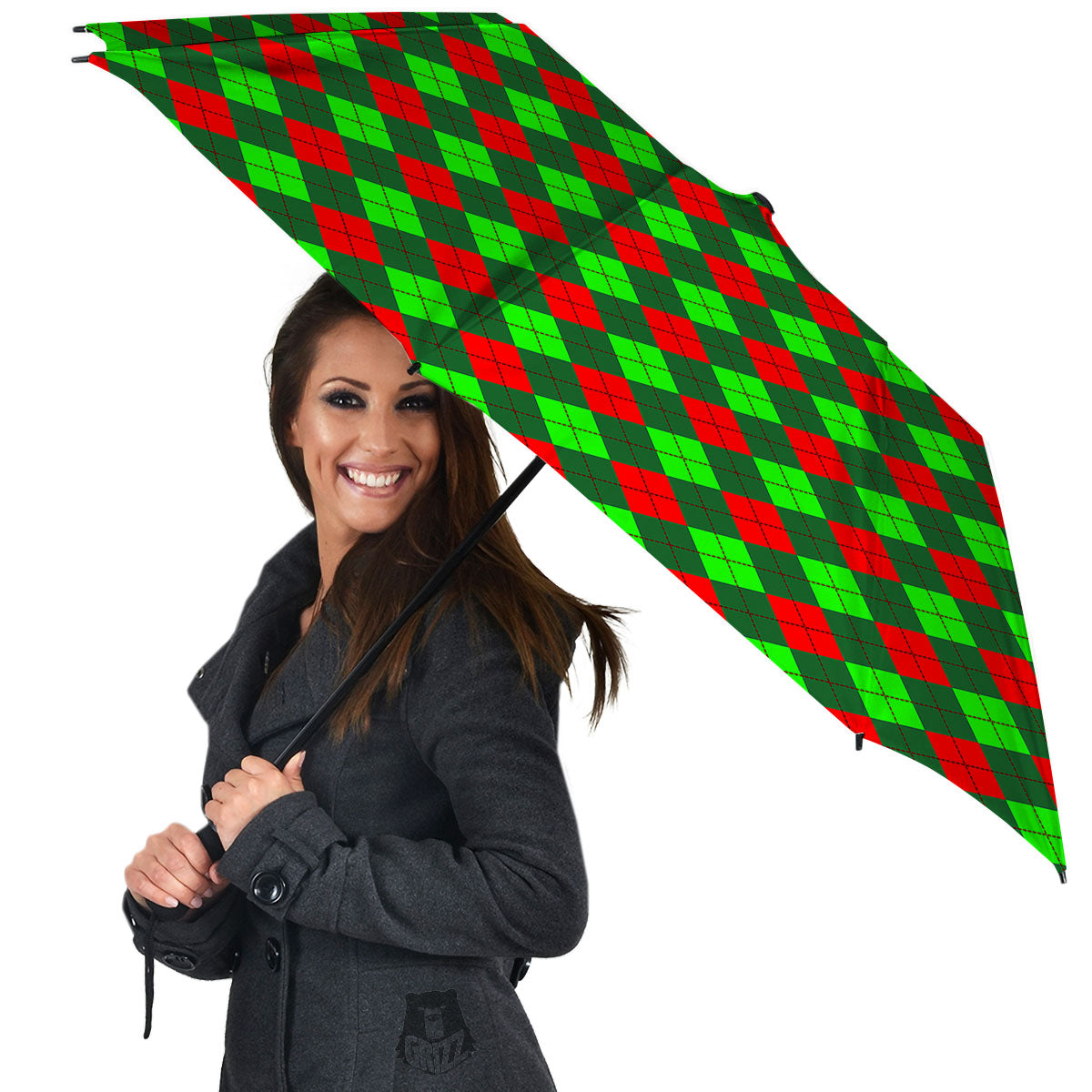 Argyle Green And Red Print Pattern Umbrella-grizzshop