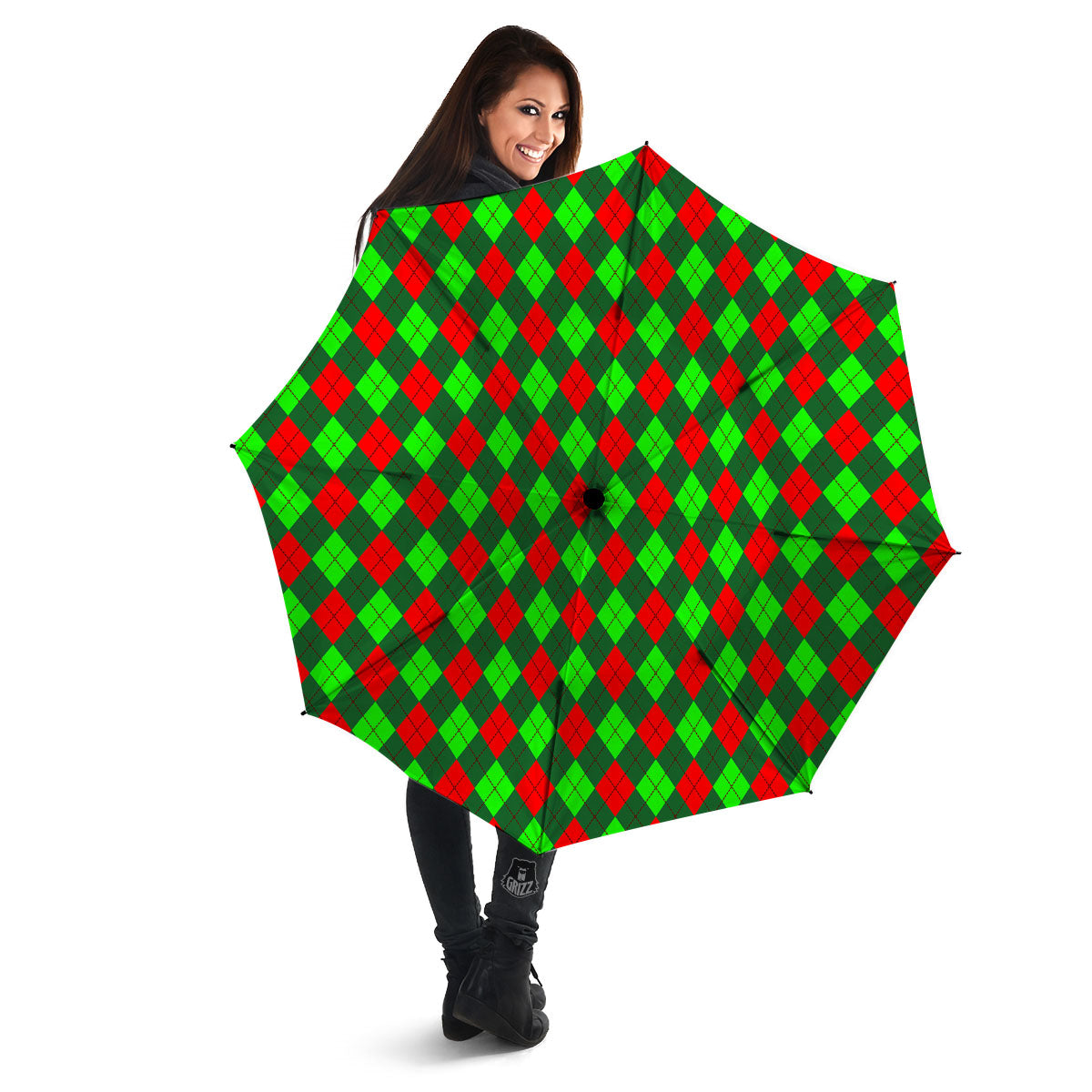 Argyle Green And Red Print Pattern Umbrella-grizzshop