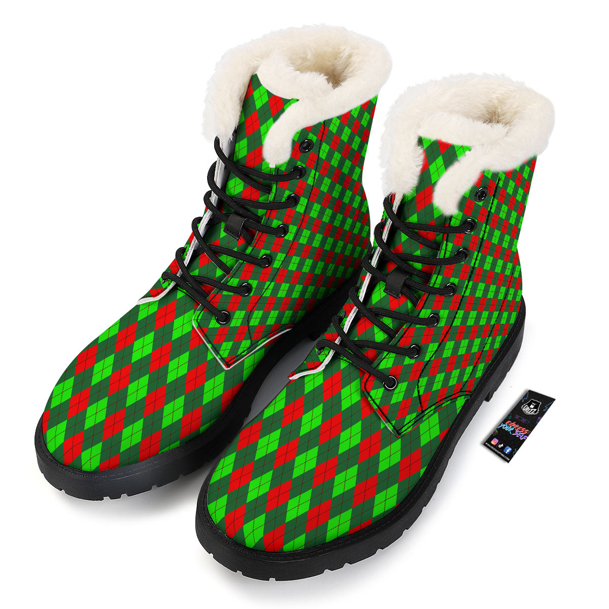 Argyle Green And Red Print Pattern Winter Boots-grizzshop