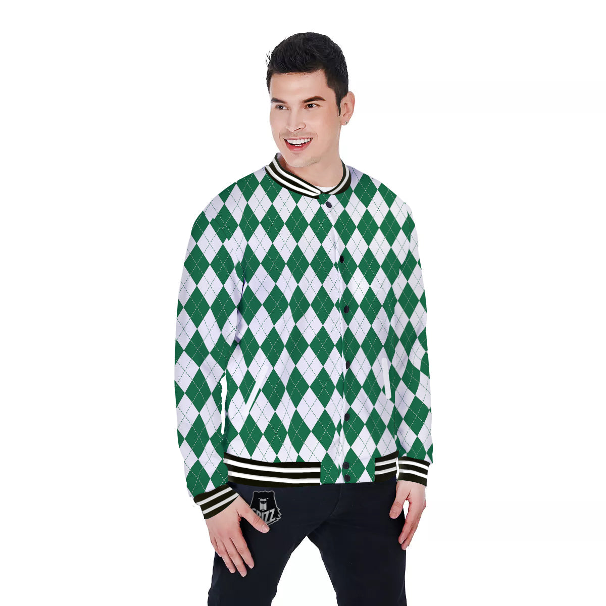 Argyle Green And White Print Pattern Baseball Jacket-grizzshop