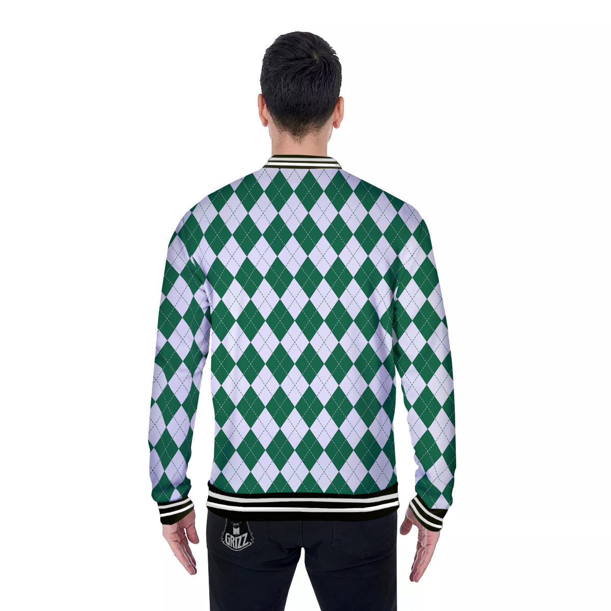 Argyle Green And White Print Pattern Baseball Jacket-grizzshop