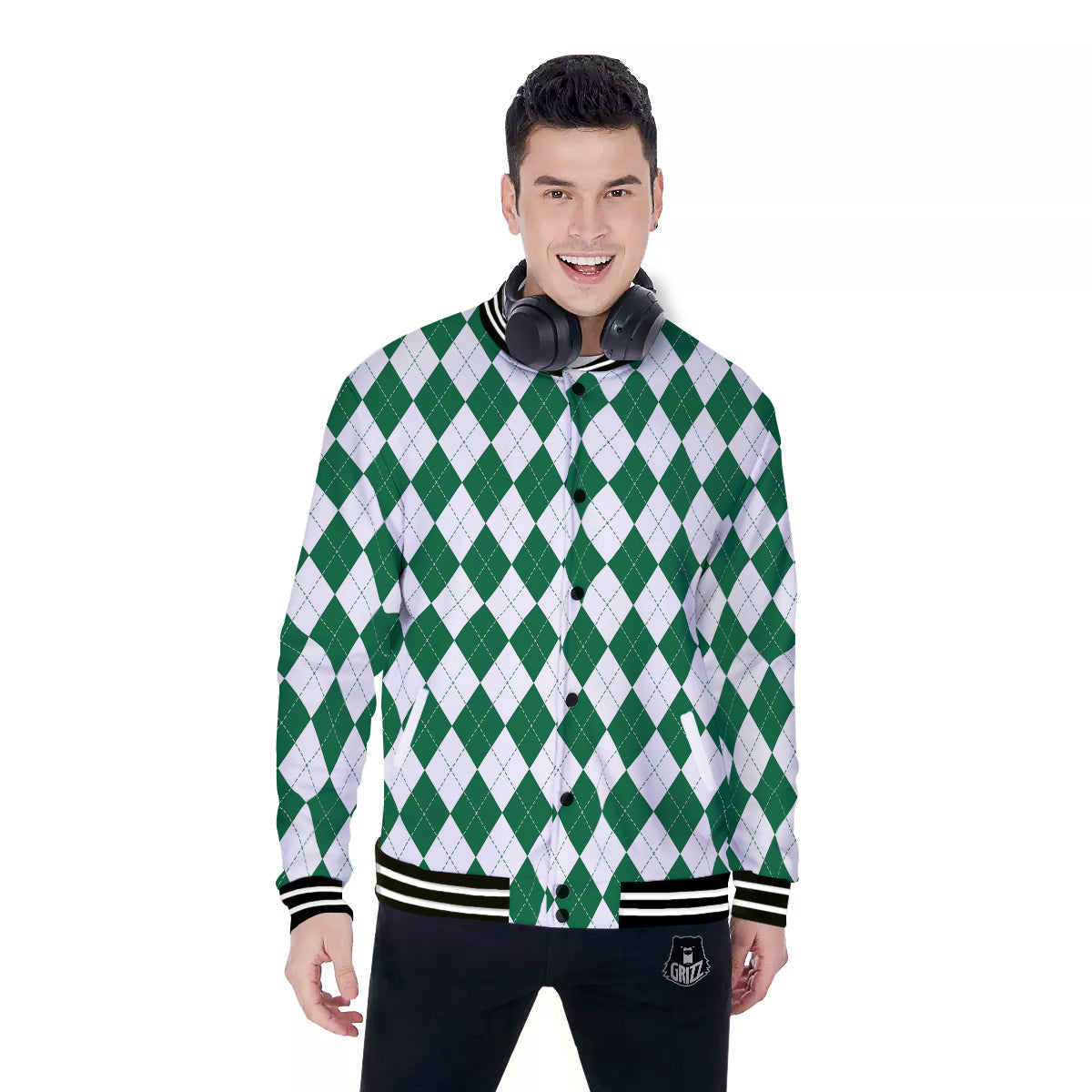Argyle Green And White Print Pattern Baseball Jacket-grizzshop