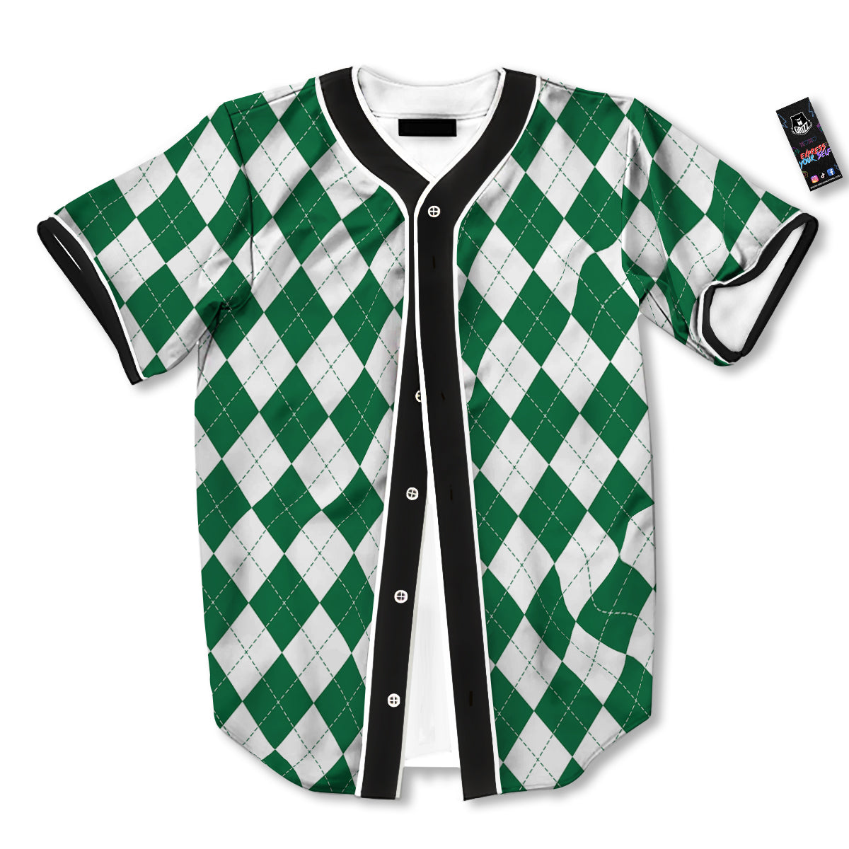 Argyle Green And White Print Pattern Baseball Jersey-grizzshop