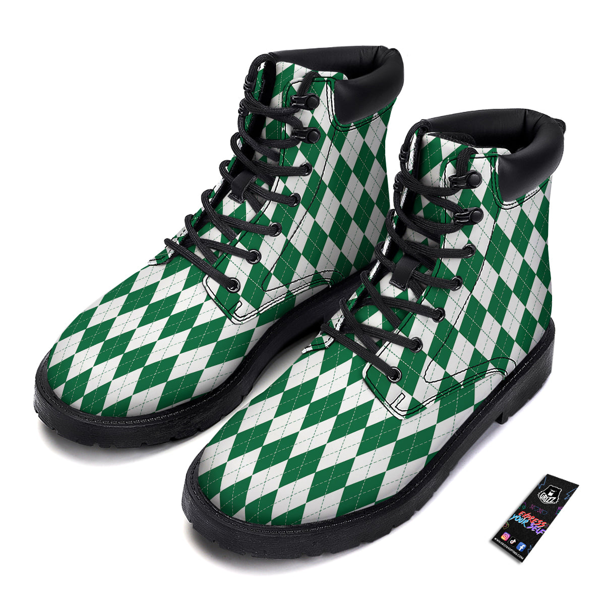 Argyle Green And White Print Pattern Boots-grizzshop