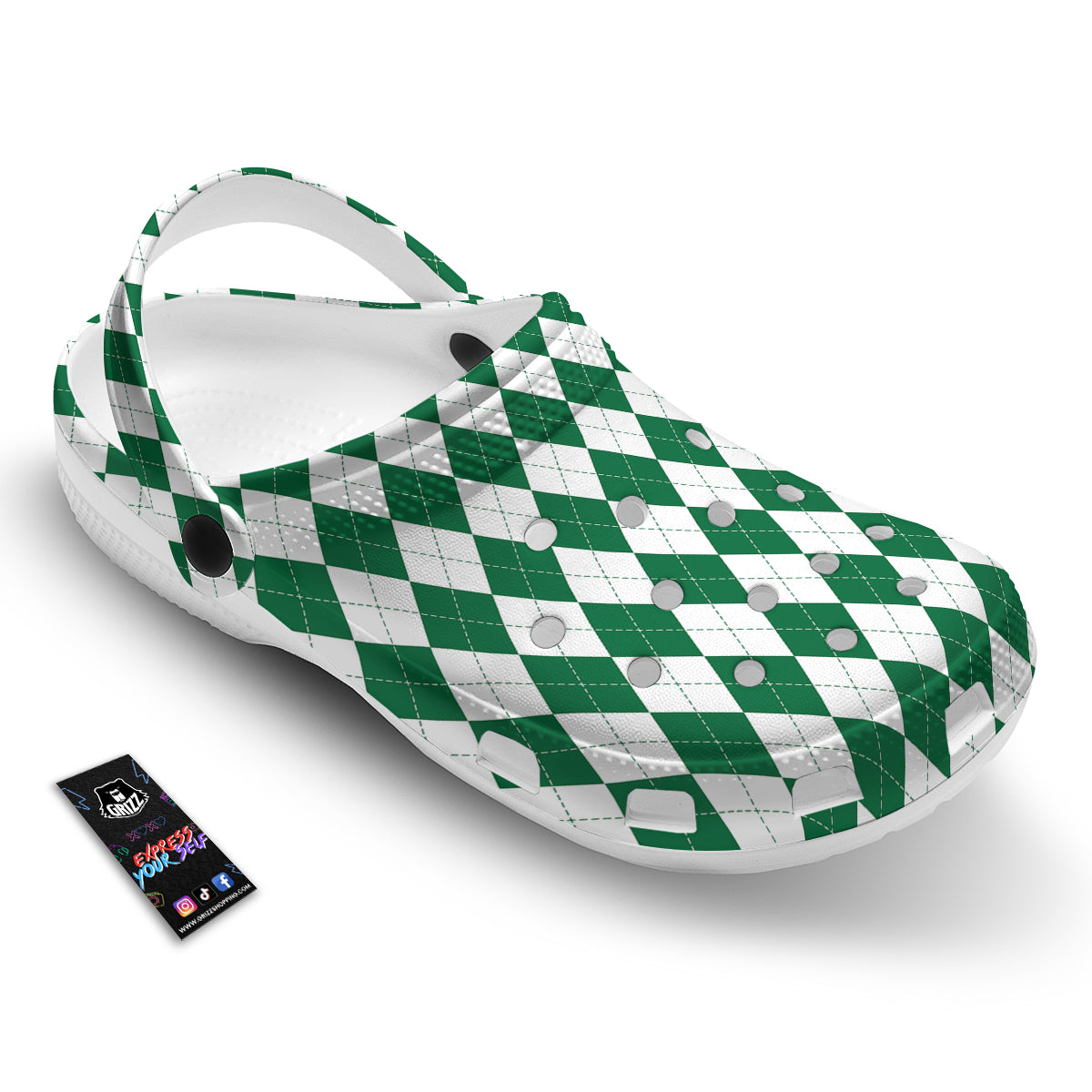 Argyle Green And White Print Pattern Clog-grizzshop