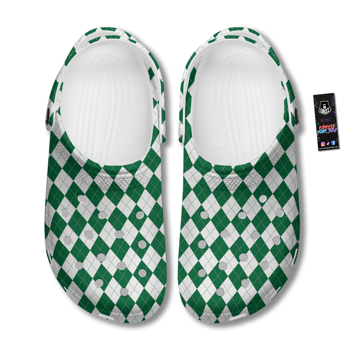 Argyle Green And White Print Pattern Clog-grizzshop